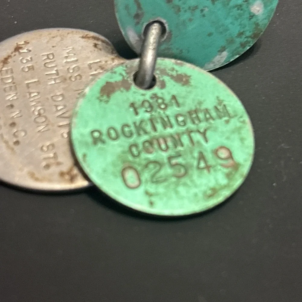Vintage Dog Tags Lot of 5 AKC Rabies Vaccination Pet ID Eden NC Milk Bone